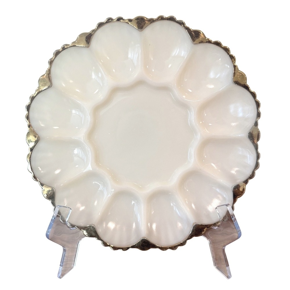 VTG Anchor Hocking Milk Glass 9 3/4" Round Egg Tray Gold Scalloped Edges